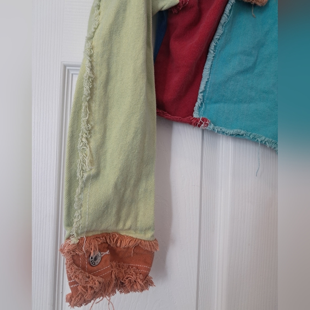 Rainbow Colored Patchwork Style Cropped Button Up… - image 2